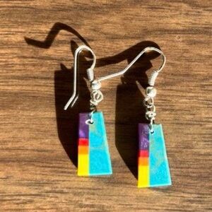 Handmade Zuni Multi-Colored Turquoise Geometric Drop Earrings w/sterling hooks